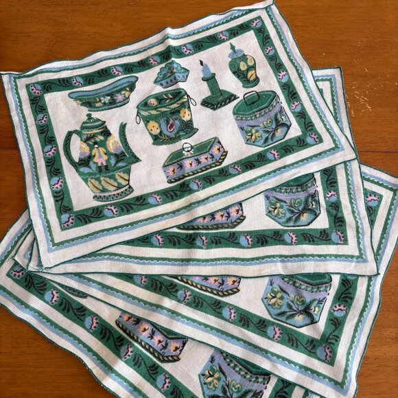 Vintage Green & White Placemat Set Retro Kitchenware Cottagecore Kitchen Charm - Picture 1 of 9